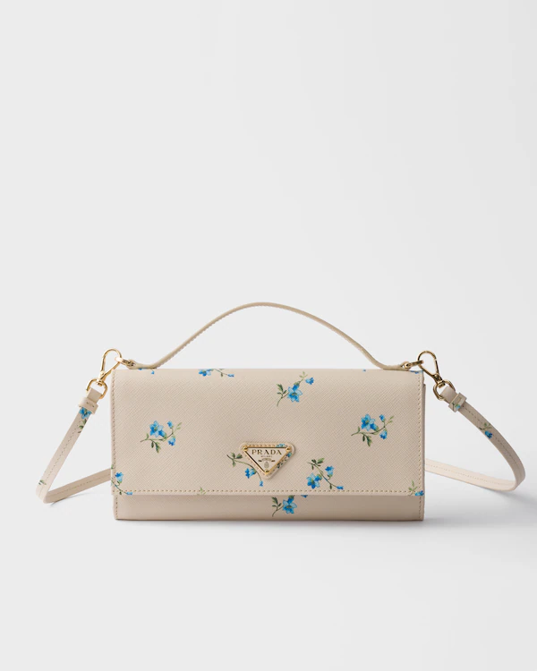 Portafoglio in pelle Saffiano con stampa floreale e tracolla