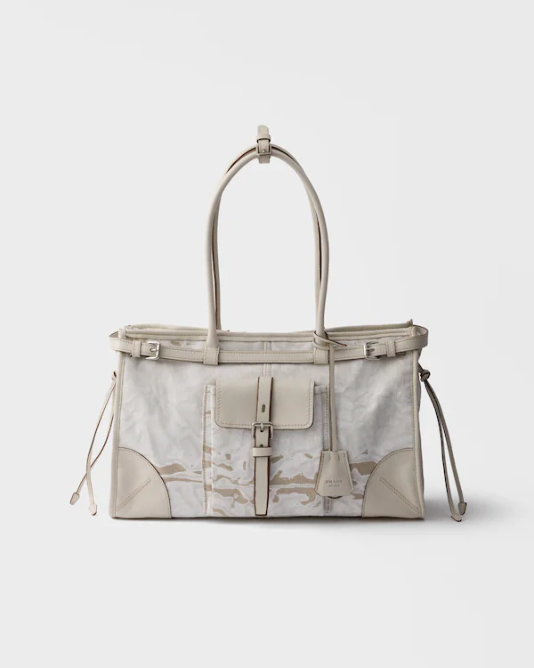 Borsa a mano in lino e pelle stampato Prada Bonnie grande