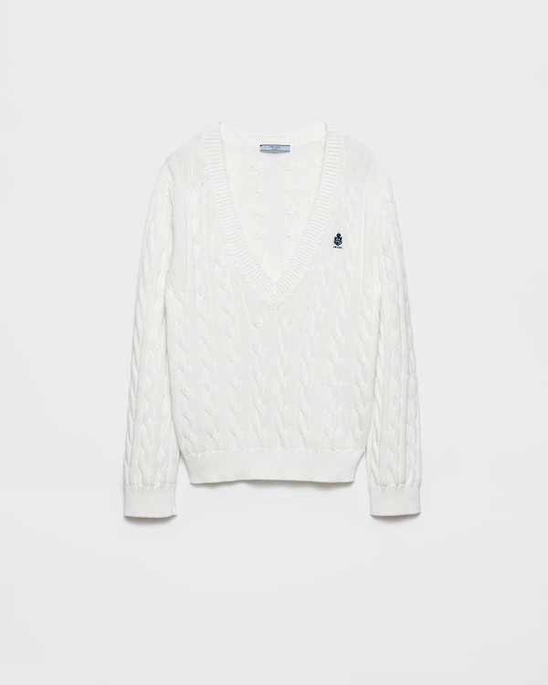 Maglione in cotone a collo a V con lavorazione a maglia a costine
