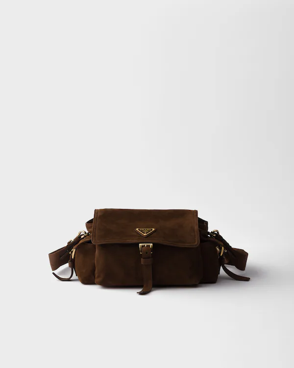 Borsa a tracolla in suede media Explore Prada con cerniera