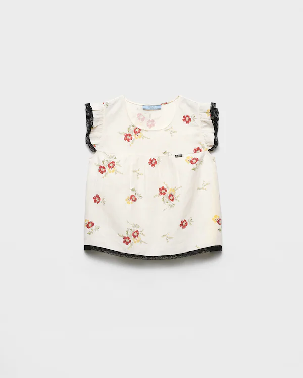 Top in lino con motivo floreale